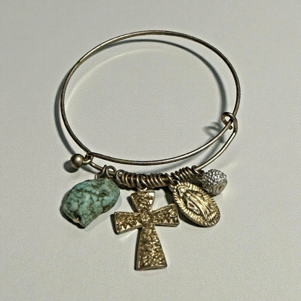 Gold Tone Charm Bangle Bracelet Turquoise Nugget Cross Virgin Mary Bead